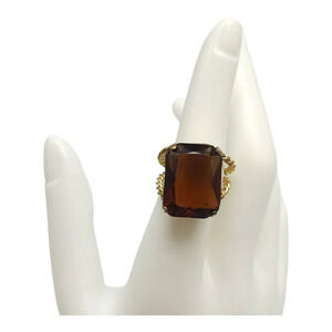 Western Germany Large Topaz Glass Rhinestone Ring Twisted Gold Tone Metal Size 7